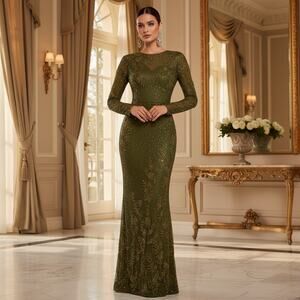 Mac Duggal Gown – Size 6 – Olive Beaded Sheer Sleeve Gown – NWT (Style 5504)
